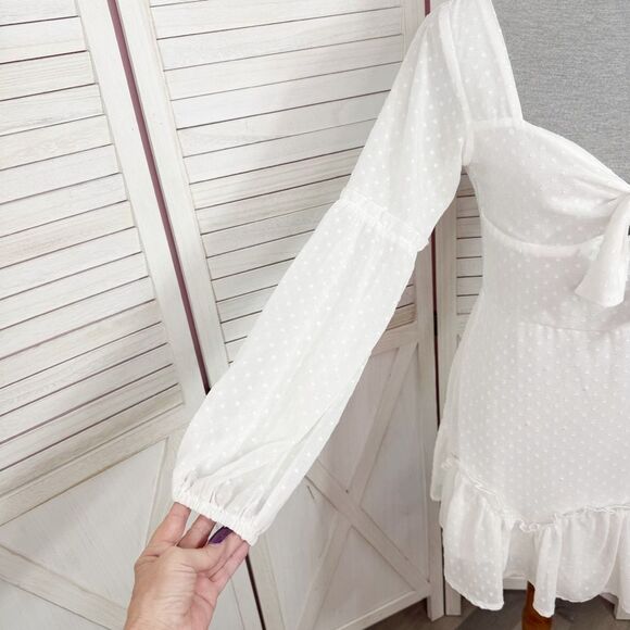 Hello Molly Clip Polka Dot Chiffon Mini Dress White Small Bishop Sleeve - Picture 8 of 13